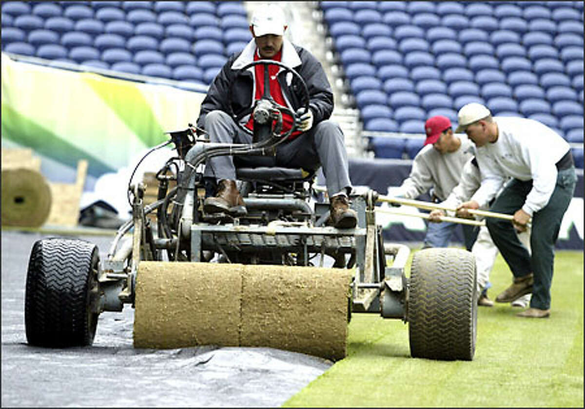 Alfredo Aspuro drives a turf-laying machine as co-workers Arturo Aispuro (red hat) and Manuel Guper use hoes to bring seams together at Seahawks Stadium, where more than 86,000 square feet of temporary hybrid Bermuda grass is being laid for the United States-Japan soccer match scheduled March 29. Covering the FieldTurf with natural sod costs about $100,000.