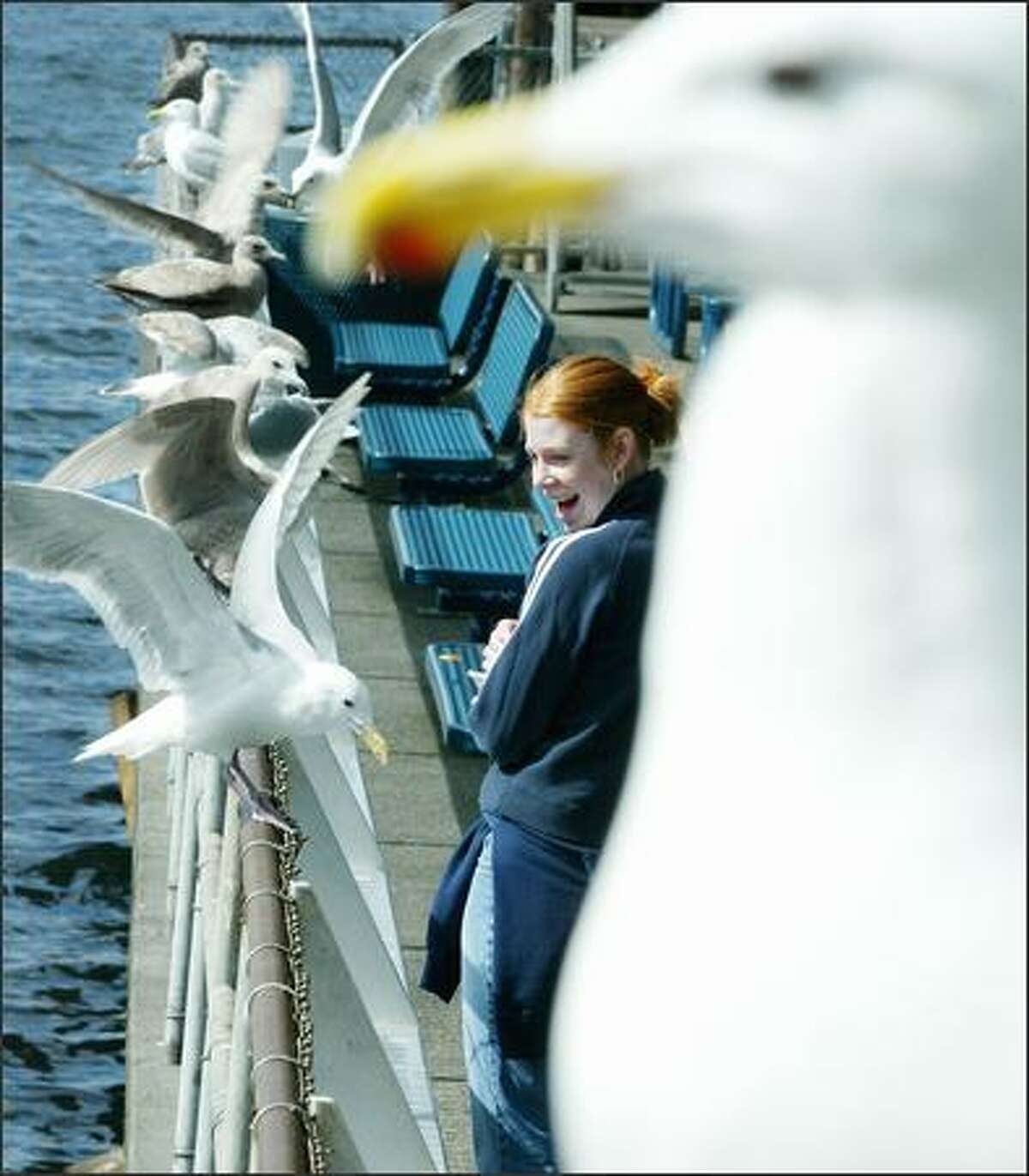 Feeding the sea gulls at Pier 54, as visiting Alisa Thompson of Oregon does here yesterday, has been a long-standing Ivar's tradition.