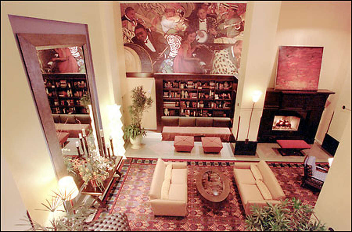 The Dawson Design refurbishing of Seattle's University Tower hotel features murals by Bainbridge artist Lara Cannon that reflect nightclub scenes from the 1920s era in which the hotel opened. Color patterns are prominent in the lobby, which was envisioned as a neighborhood gathering place.