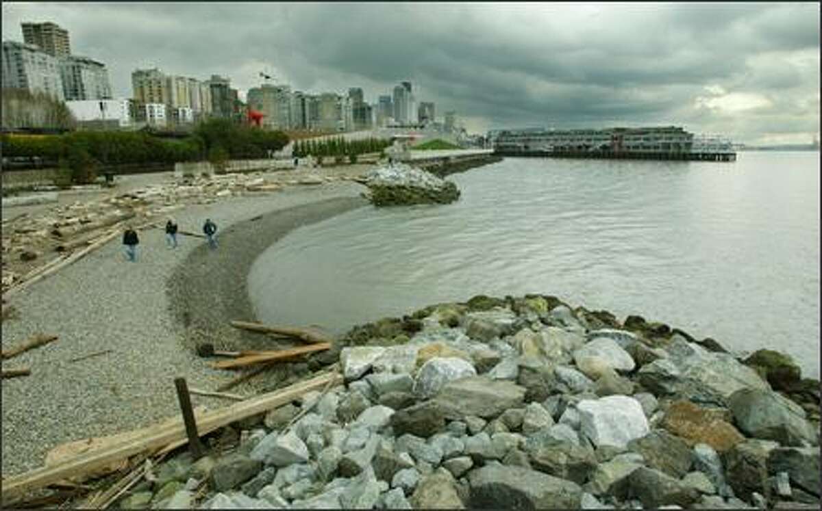 The seawall was removed and a beach was installed on the Seattle waterfront near Myrtle Edwards Park, creating a more fish-friendly shoreline on the heavily industrialized urban waterfront.