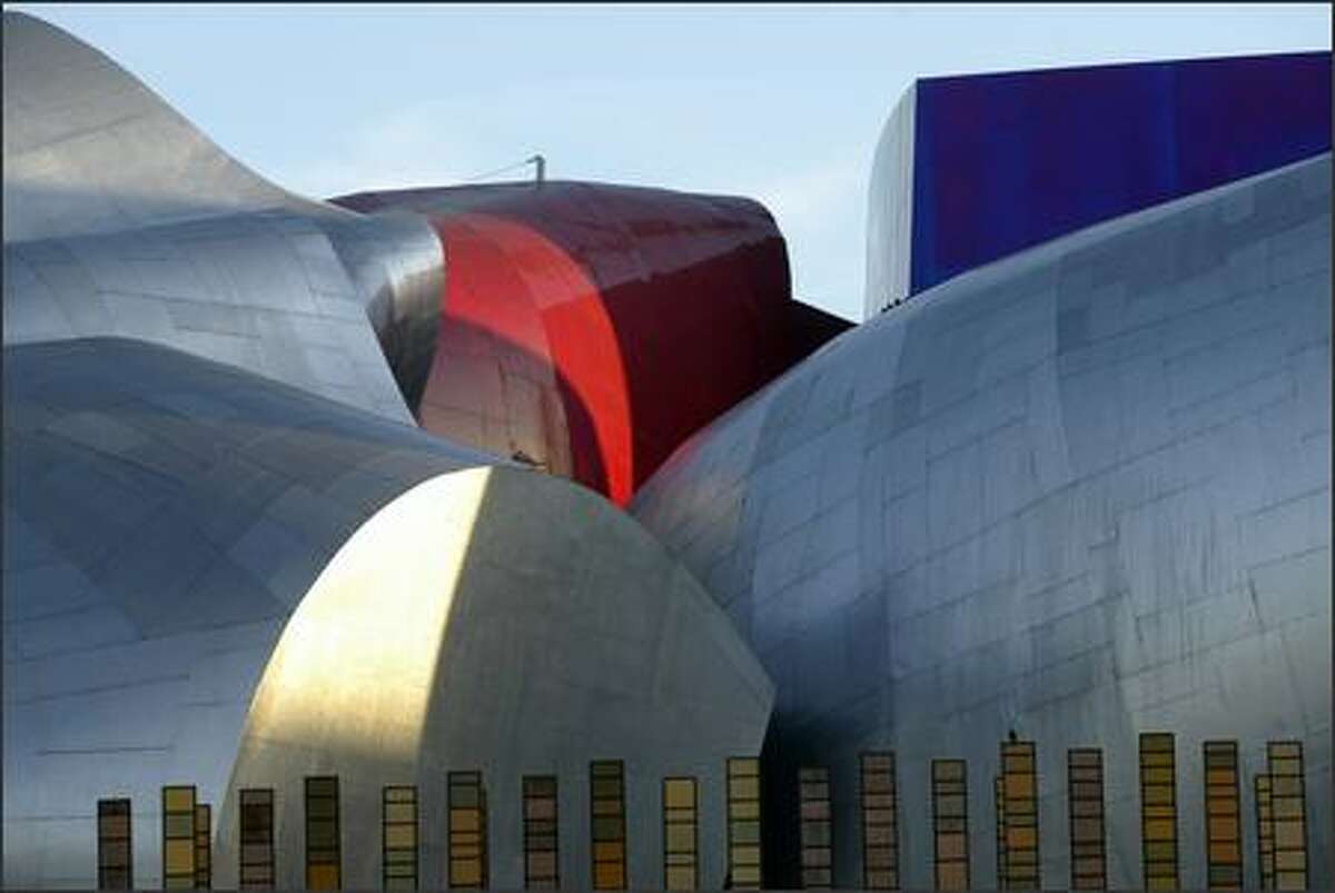 An exterior view of the Experience Music Project at Seattle Center.