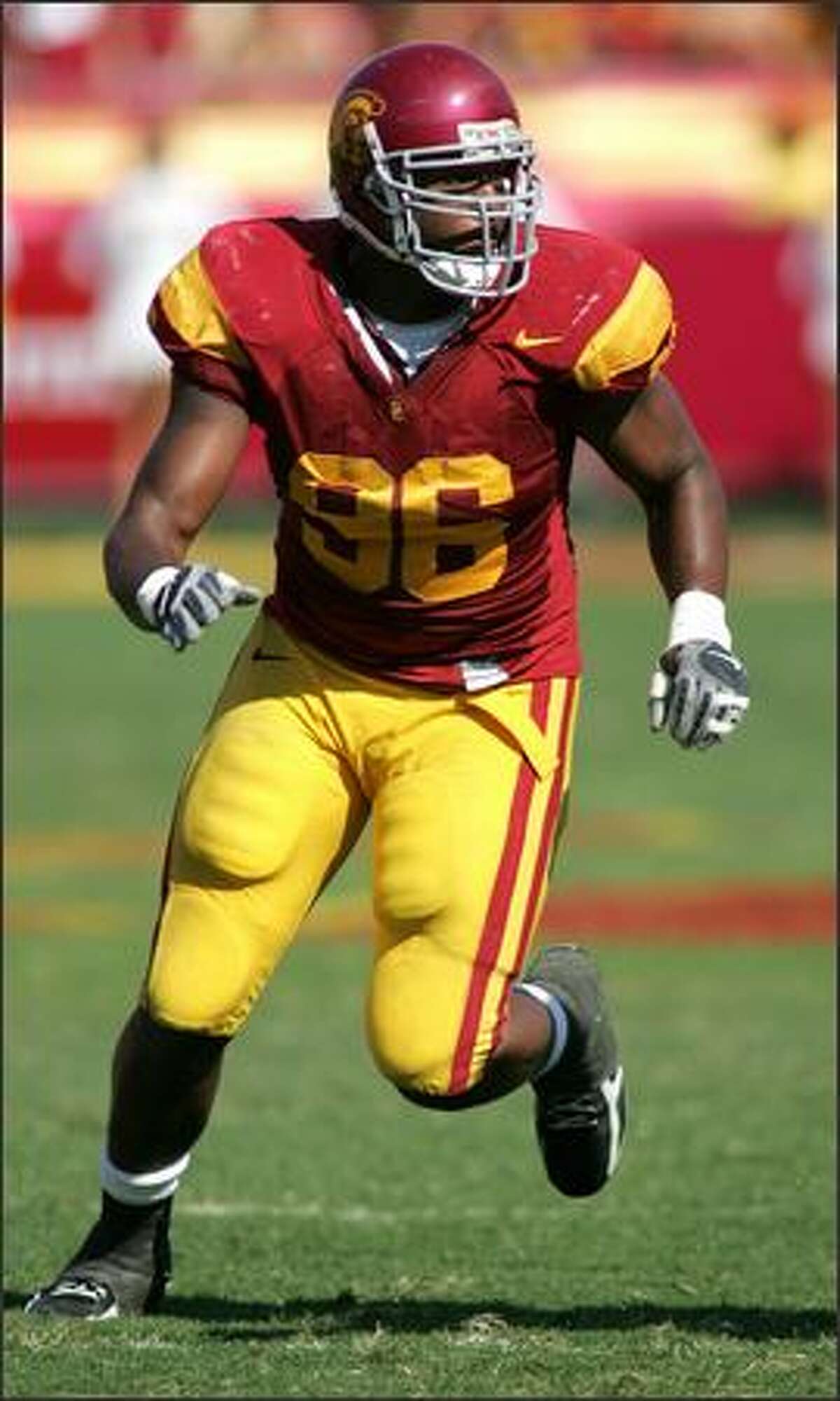 In this 2007 photo released by the University of Southern California, USC's Lawrence Jackson is shown in action in Pasadena, Calif. Jackson was selected Saturday in the first round (28th overall) of the NFL draft by the Seattle Seahawks.