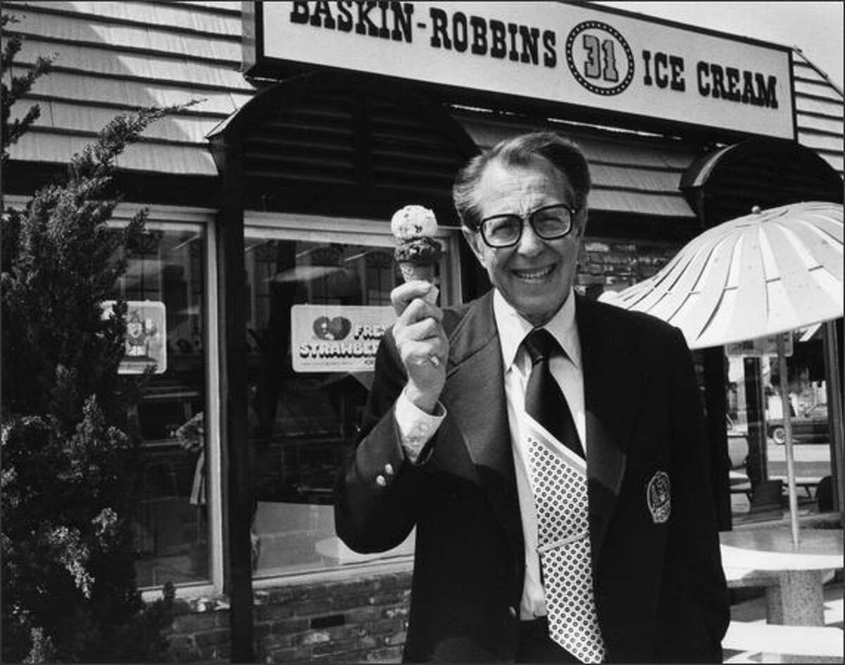 Irvine Robbins helping Baskin-Robbins, the company he co-founded, celebrate 31 years of selling ice cream in February 1976. Robbins brought Rocky Road, Pralines 'n Cream and other exotic ice cream concoctions to every corner of America.