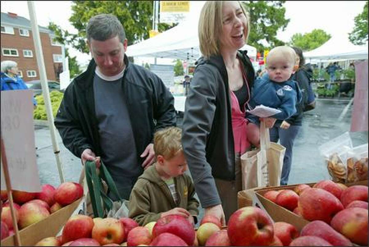 Nick Wiley, Kathleen Whitson and their two sons, Clayton, 4, and Joey Wiley, 1, choose among apples from Tiny's Organics at the West Seattle Farmers Market.