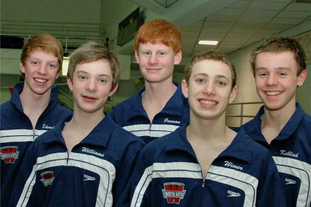 The Westport Weston Family Y Water Rats boys swimming team won the Connecticut Age Group Swimming championships in the 13-14 year old age group. Leading the Rats to gold, front row, from left, are, Daniel Williams and Max Wimer; back, Edward Stolarski, Tommy Gannon and Bryce Keblish.
