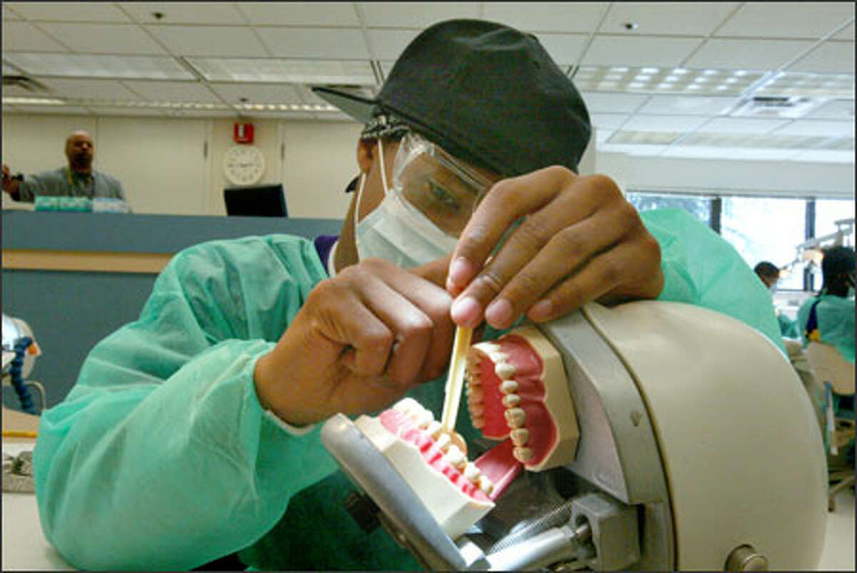 Michael Price,15, uses a small mirror to examine a mannequin's teeth at the UW School of Dentistry. Price is taking part in the university's Gear Up program, which aims to increase boys' interest in attending college.
