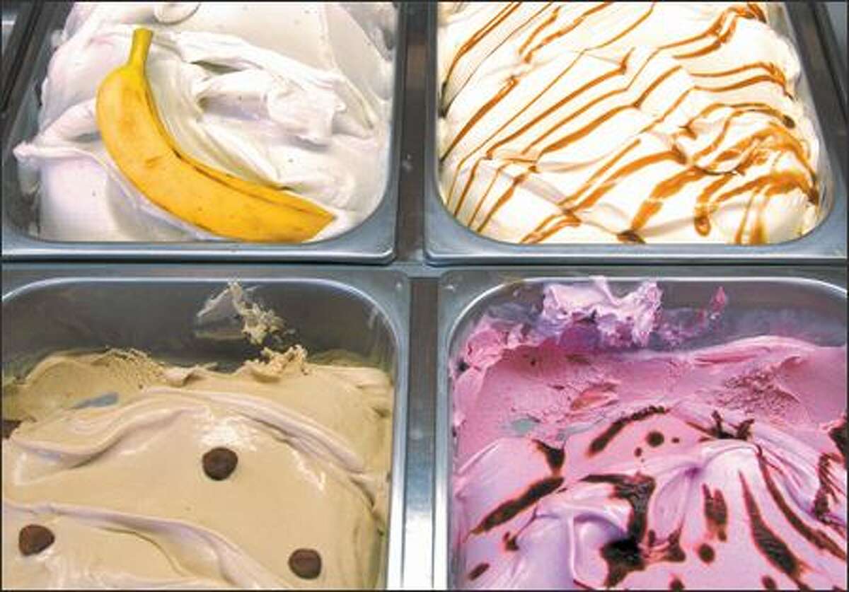Some of the gelato flavors at Bottega Italiana's shop near Pike Place Market include, clockwise from top left, banana, caramel, nocciola (also known as hazelnut) and amarena (also known as sour cherry).