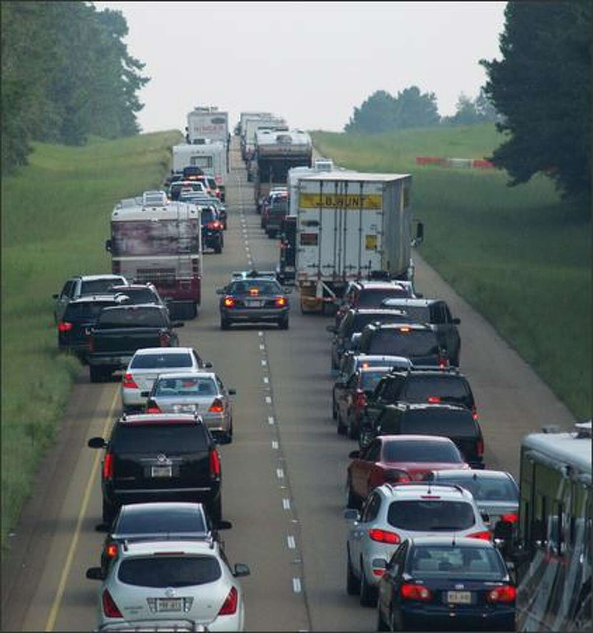 A Mississippi Highway Patrol vehicle attempts to make its way through northbound traffic on U.S. 55 Sunday as evacuees line the interstate on their way out of the path of Hurricane Gustav on Sunday. Both the north and southbound lanes of U.S. 55 and U.S. 59 were contraflowed at 4 a.m. Sunday in order to allow for a more speedy evacuation for residents of Louisiana and the Mississippi Gulf Coast areas.