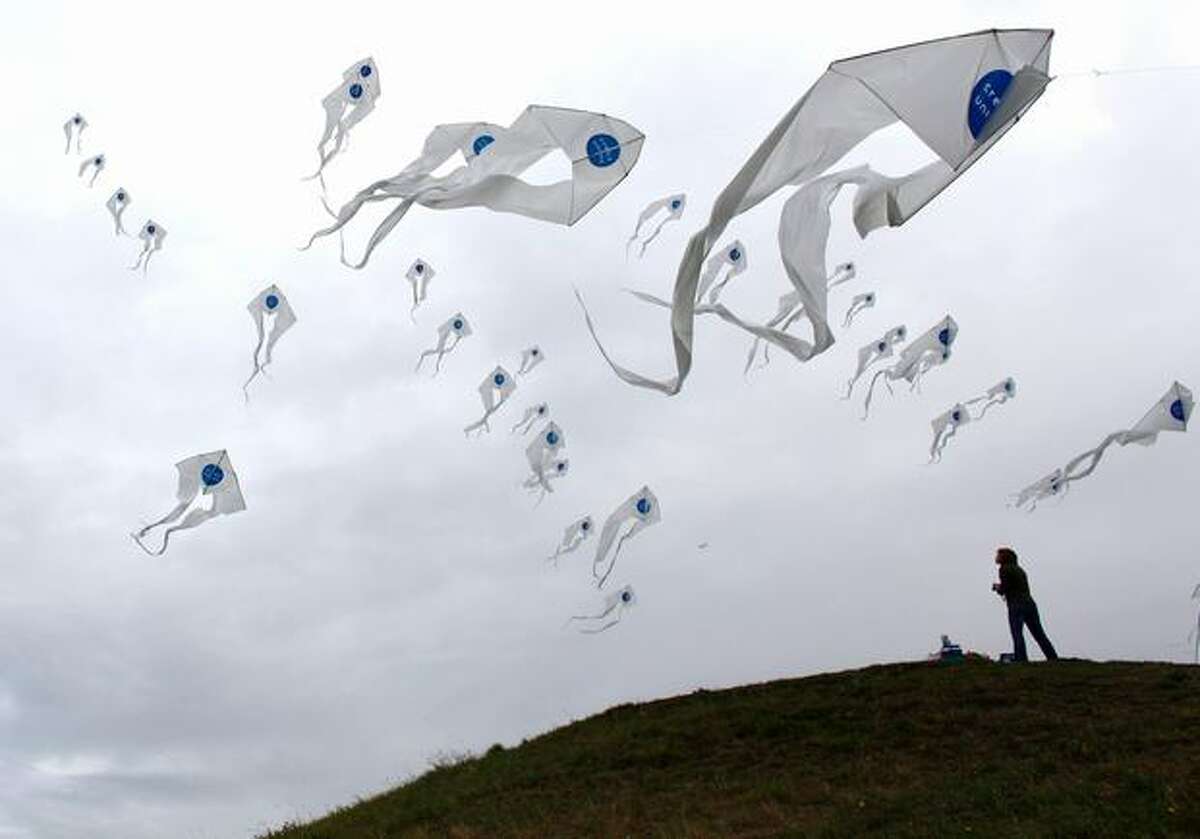 Some of the 121 kites launched by master kite flyer and performance artist Seth Abramson are shown Wednesday morning at Gas Works Park. The wind was steady and Abramson was hard at work with his team trying to launch the kites. They successfully had about 110 kites aloft at one time. The "ballet in the sky" could be seen flying high over the north end of Lake Union and Gas Works Park.