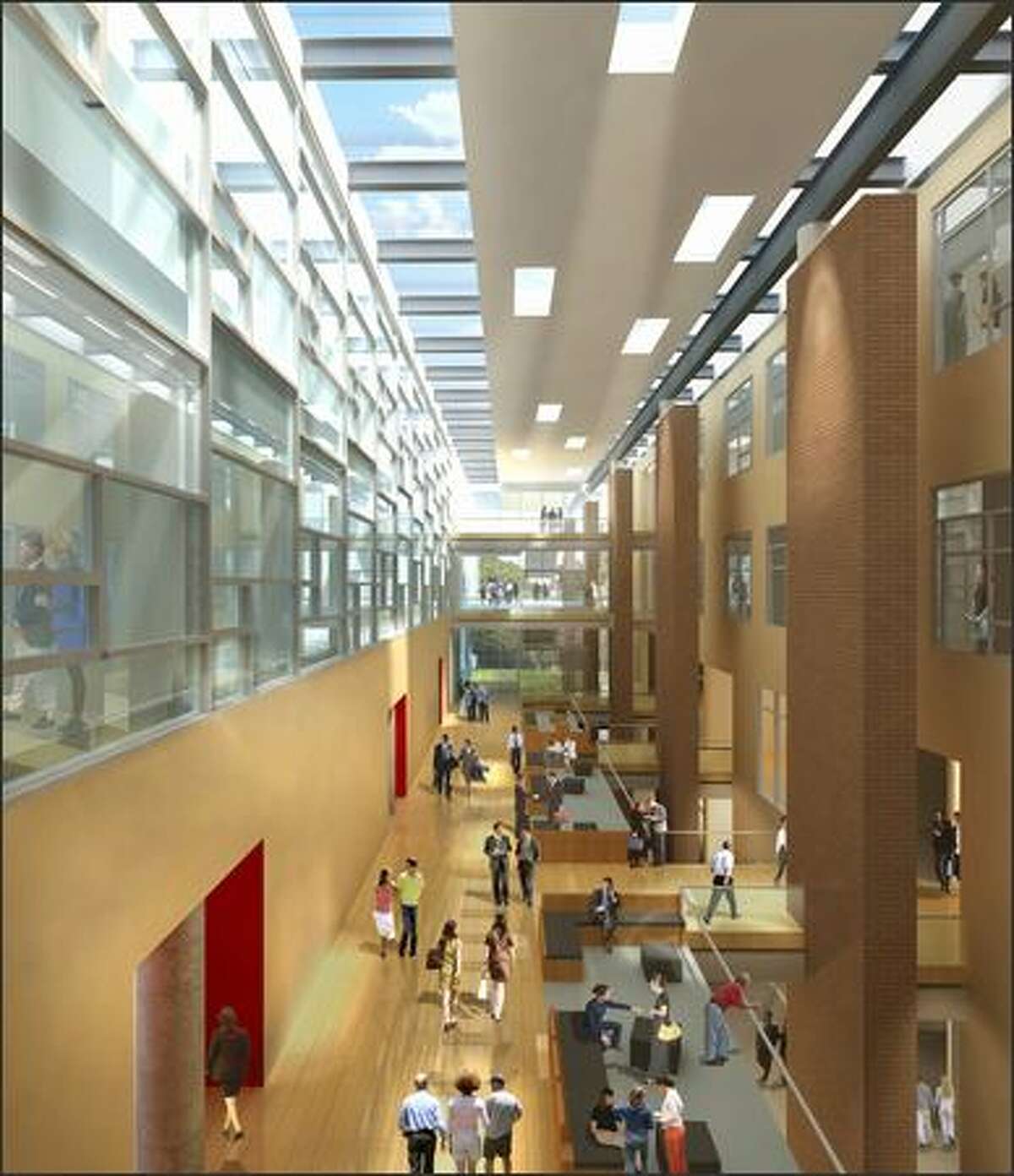 This interior rendering shows some of the common space in the atrium between the two new buildings. (Studio 216 rendering)