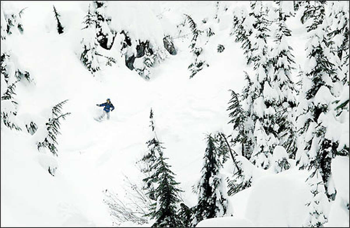 A snowboarder makes his own route in the backcountry near Alpental ski resort in Snoqualmie Pass yesterday. More snow is expected from the storm that's moving through the region.