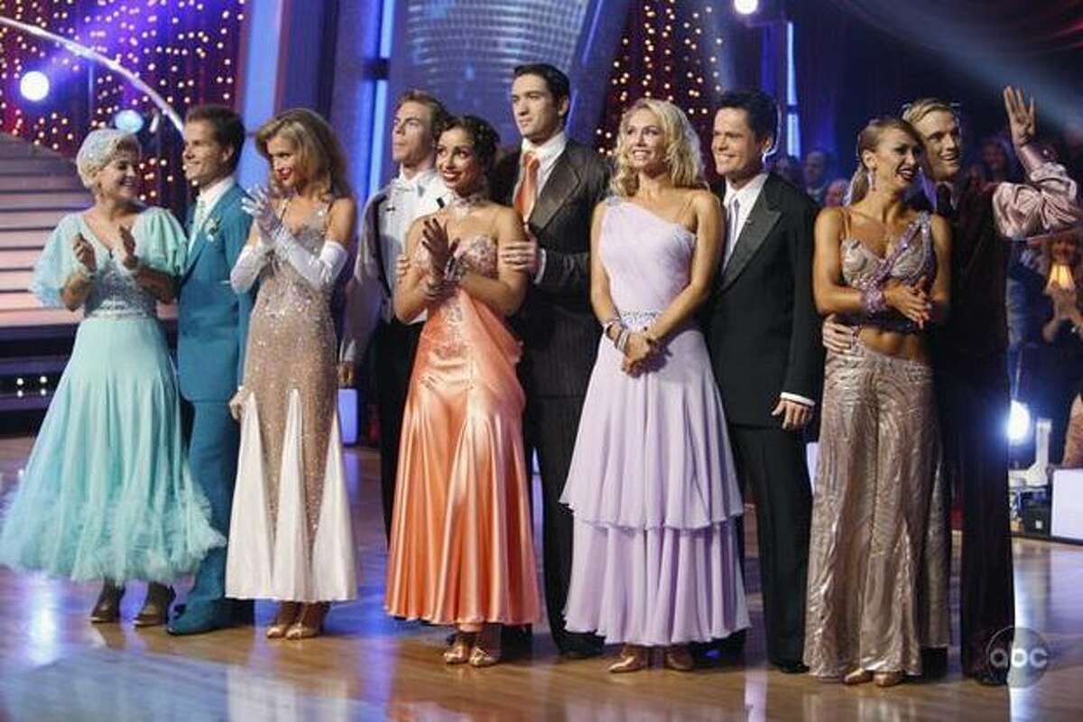 For the first time this season on the ABC hit series "Dancing with the Stars," each of the remaining couples danced two complete individual routines -- one for the ballroom round and another for the Latin round. In addition, each of the Latin dances was based in a specific decade. Here, the couples gathered for Monday's performance show.