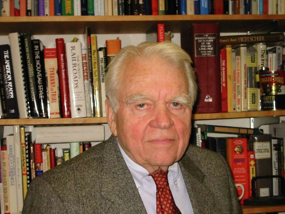 Andy Rooney, 92, an Albany native, on the set of his "60 Minutes" pieces, which is office at CBS News. He sits behind a desk he built himself. He continues to work, defiantly dismissing talk of retirement. (Photo courtesy Susie Bieber, CBS)