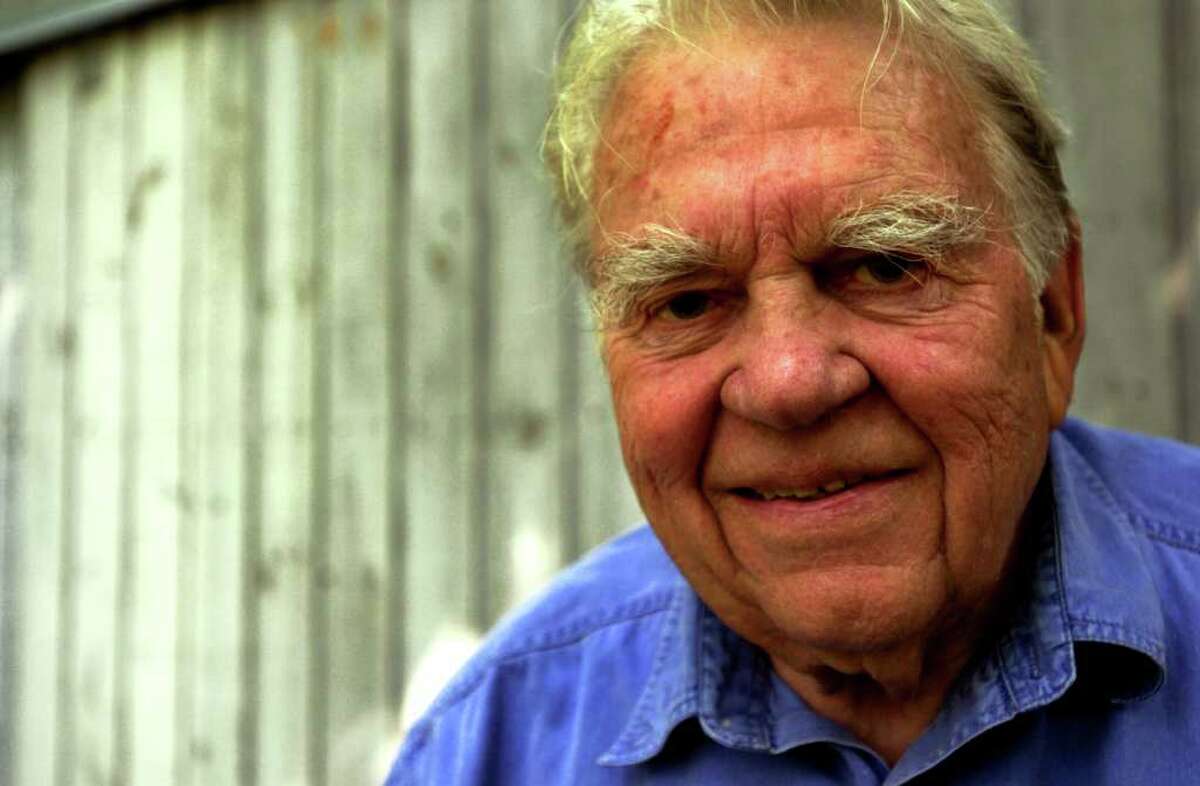 Andy Rooney in August 2001 in front of his woodshop at his home in Rensselaerville, N.Y. (Cindy Schultz/Times Union archive)