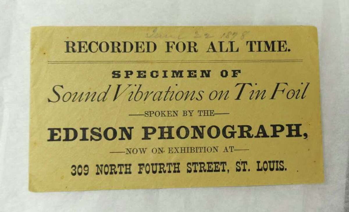 Label from the box containing a rare Thomas Edison tinfoil recording from June 22, 1878, in St. Louis, Mo., which is now at the Schenectady Museum. The Schenectady Museum received a grant to preserve the fragile recording with a $25,000 Save America's Treasures grant. (Lori Van Buren / Times Union)