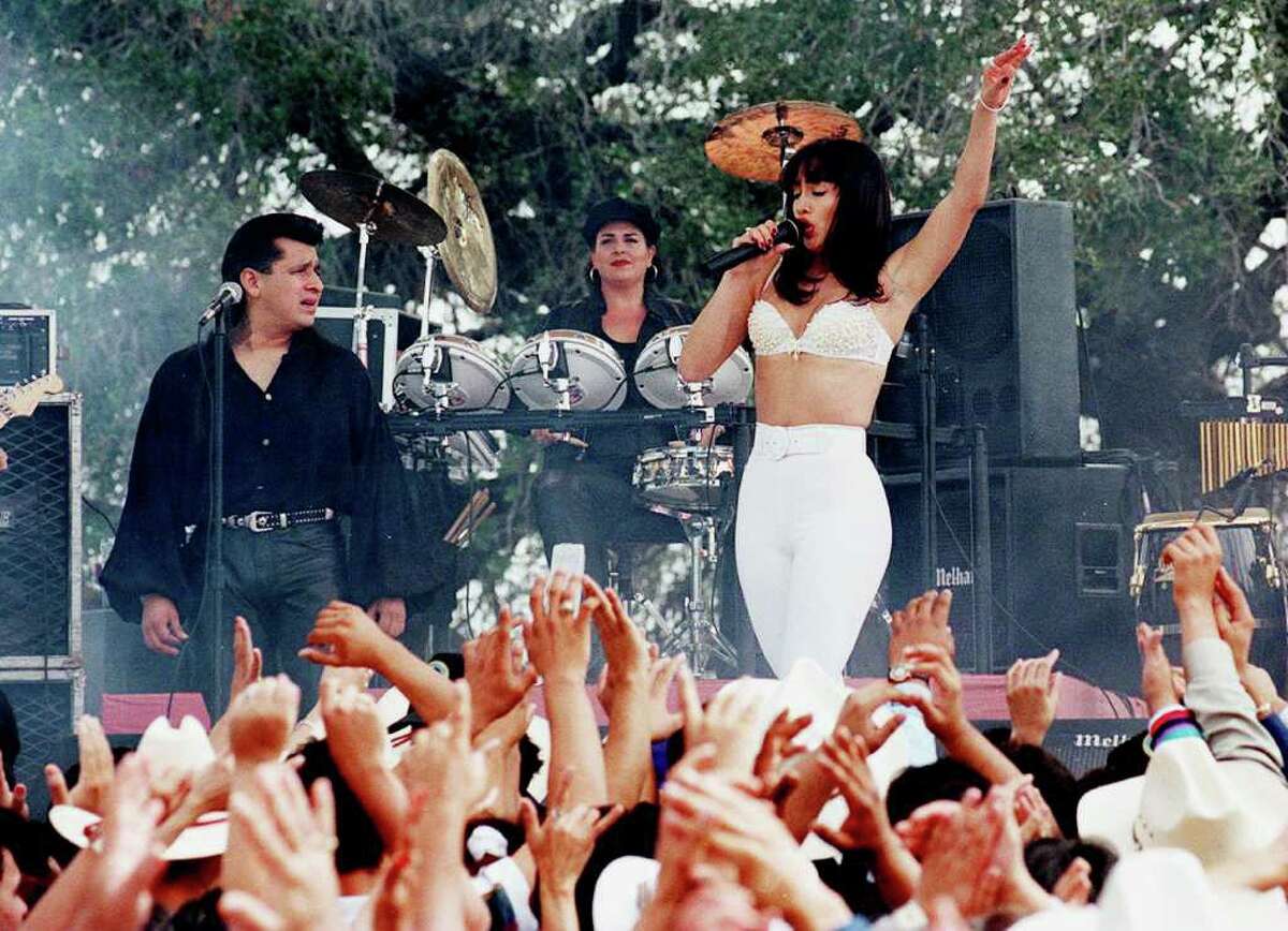 Jennifer Lopez performs as Selena in the motion picture during filming in Poteet.