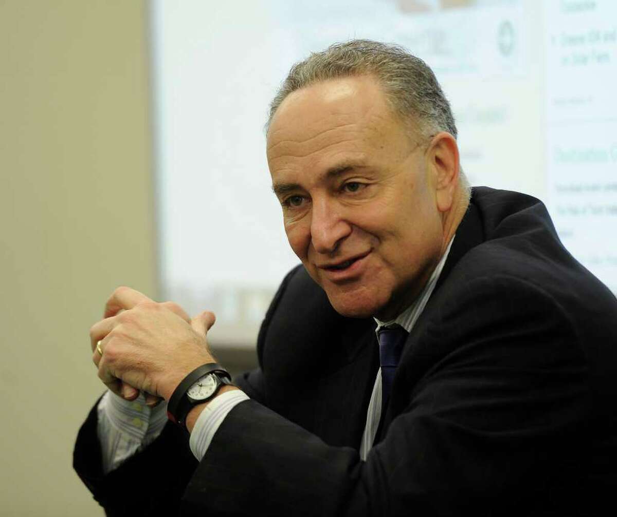 Senator Charles Schumer addresses a gathering of Greene County business leaders during a "town hall" type meeting in Coxsackie, New York February 21, 2011. (Skip Dickstein / Times Union)