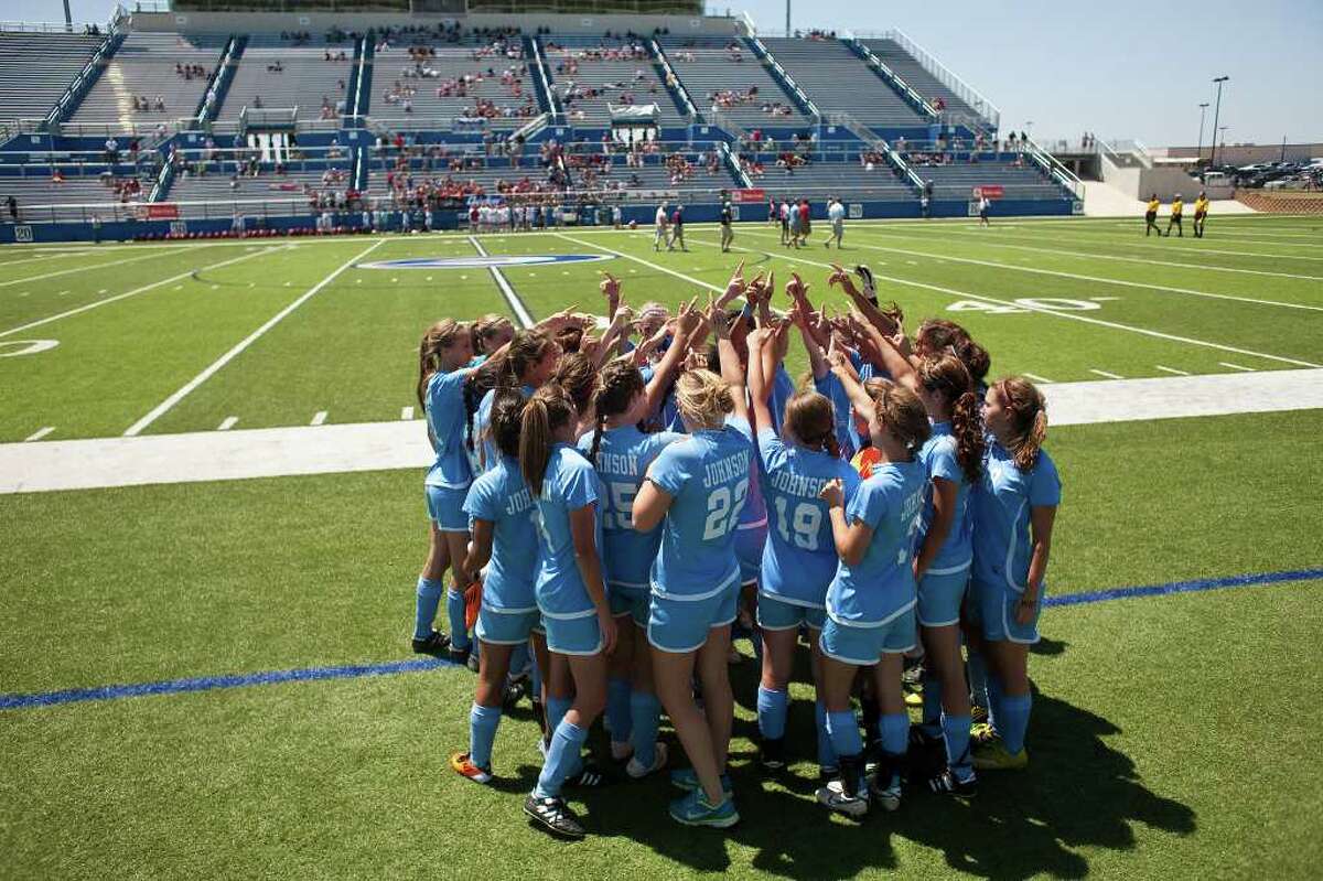 Johnson High School's soccer team prepares for the second half against McKinney Boyd High School before the second half of their UIL State semifinal match at Birkelbach Field in Georgetown, Texas on Friday, April 15, 2011. McKinney won 1-0. Ben Sklar for the San Antonio Express News