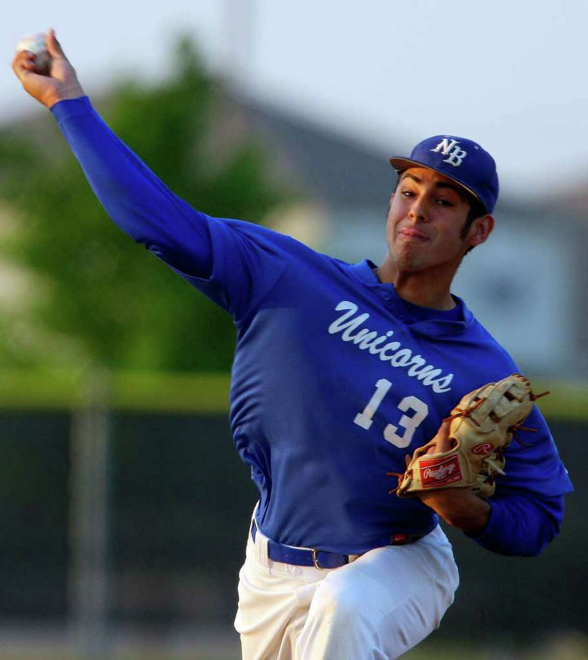 FOR SPORTS - New Braunfels' Ralph Garza pitches against Steele Friday April 15, 2011 at Steele High School. (PHOTO BY EDWARD A. ORNELAS/eaornelas@express-news.net)