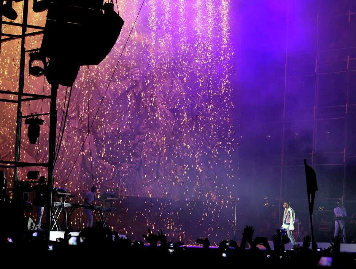 A pyrotechnics display is seen during Kanye West performance at the Coachella Valley Music & Arts Festival, Sunday, April 17 2011, in Indio, Calif.