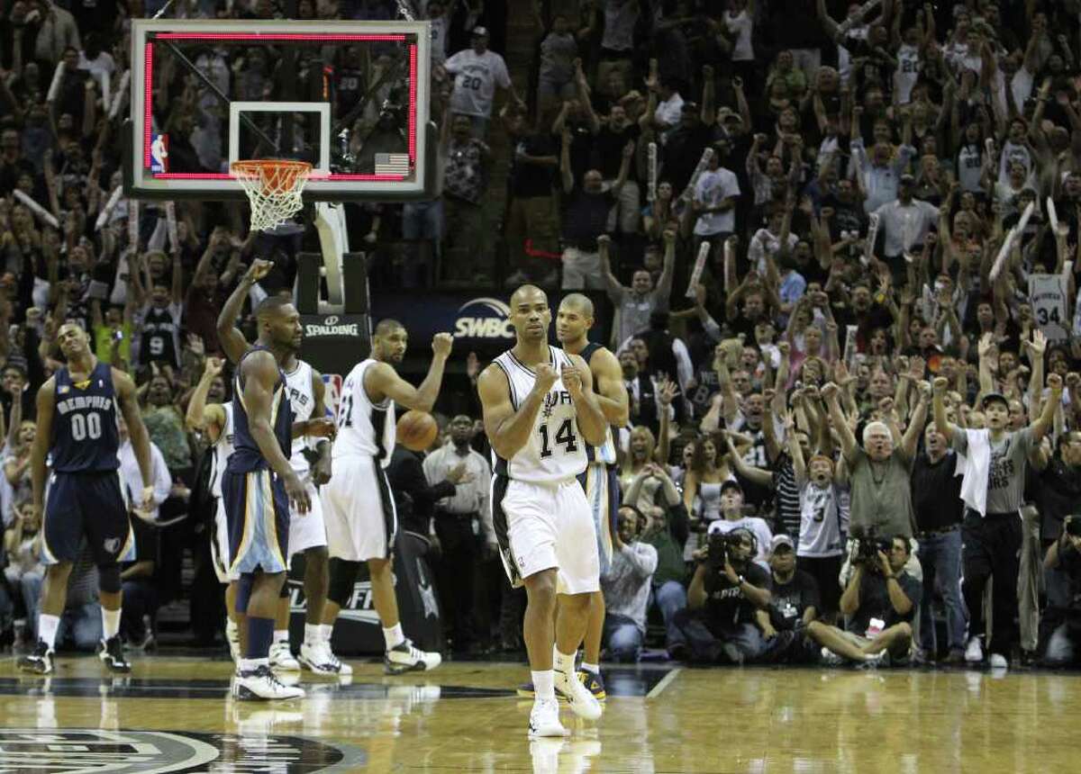 San Antonio Spurs guard Gary Neal (14) reacts after hitting a game tying shot against the Memphis Grizzlies in Game 5 of the first round of the Western Conference playoff at the AT&T Center on Wednesday, April 27, 2011. Kin Man Hui/kmhui@express-news.net