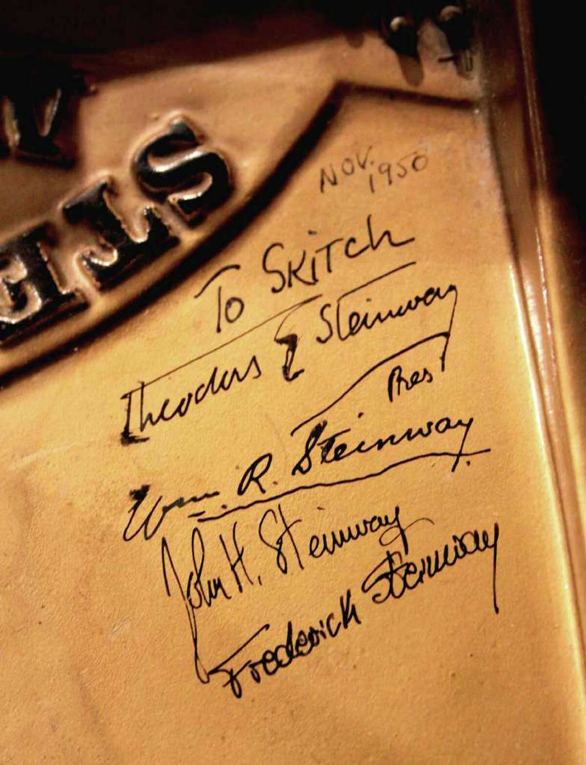 Skitch Henderson's Steinway piano Model B 332408 was signed by members of the Steinway family in November of 1950. Signatures include Theodore Steinway and brother William. Sons of Theodore, John and Frederick also signed the piano. Photo taken April 28, 2011.