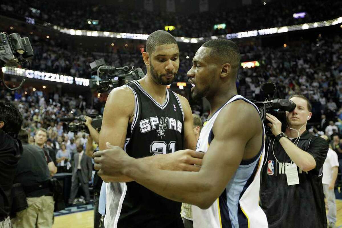 SPURS -- San Antonio Spurs Tim Duncan congratulates Memphis Grizzlies Tony Allen as they lose 99-91 in game six of the Western Conference First Round at FedExForum, Friday, April 29, 2011. JERRY LARA/glara@express-news.net