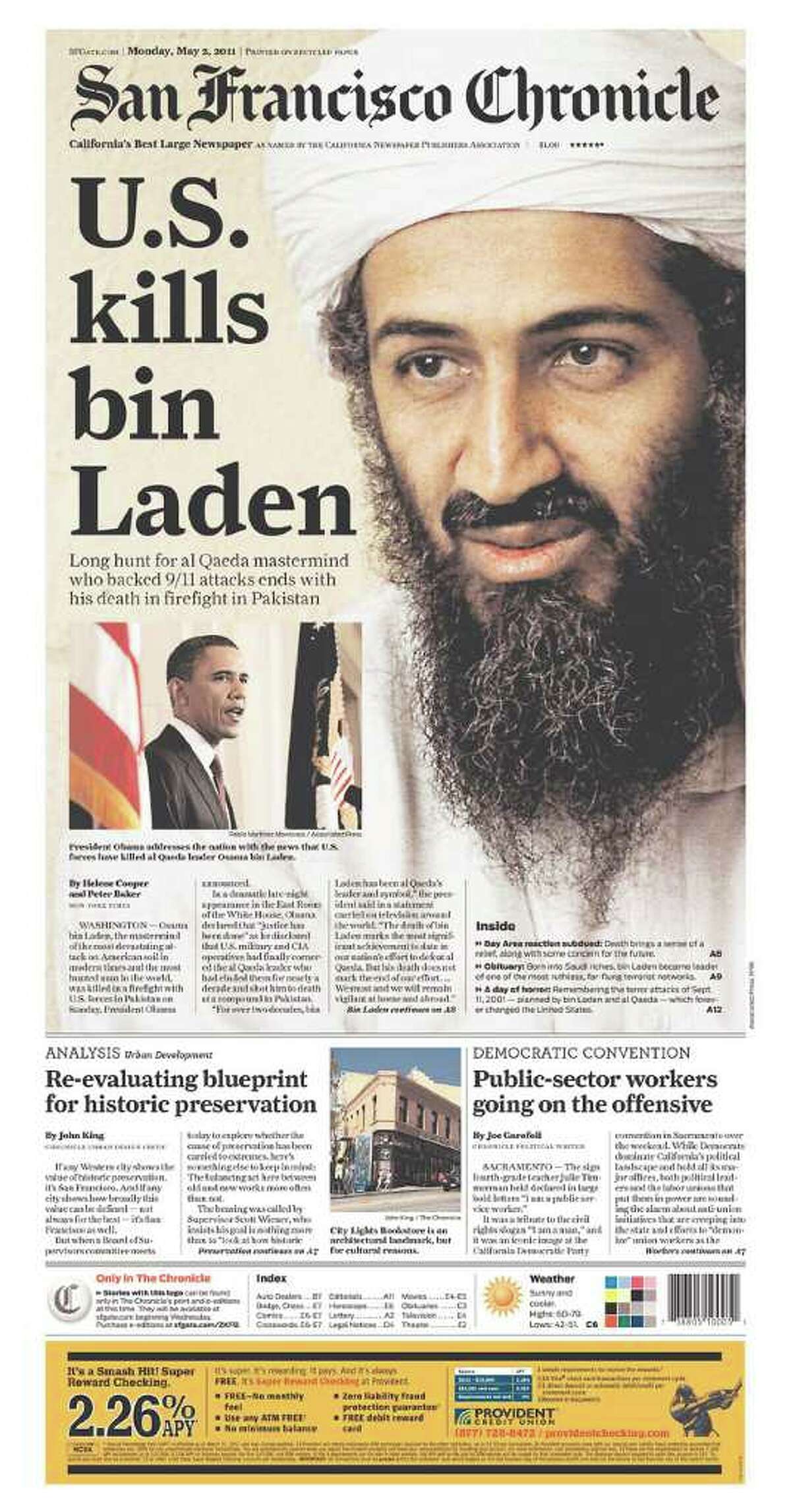 Front pages of U.S. newspapers on May 2, 2011, following the death of Osama Bin Laden.