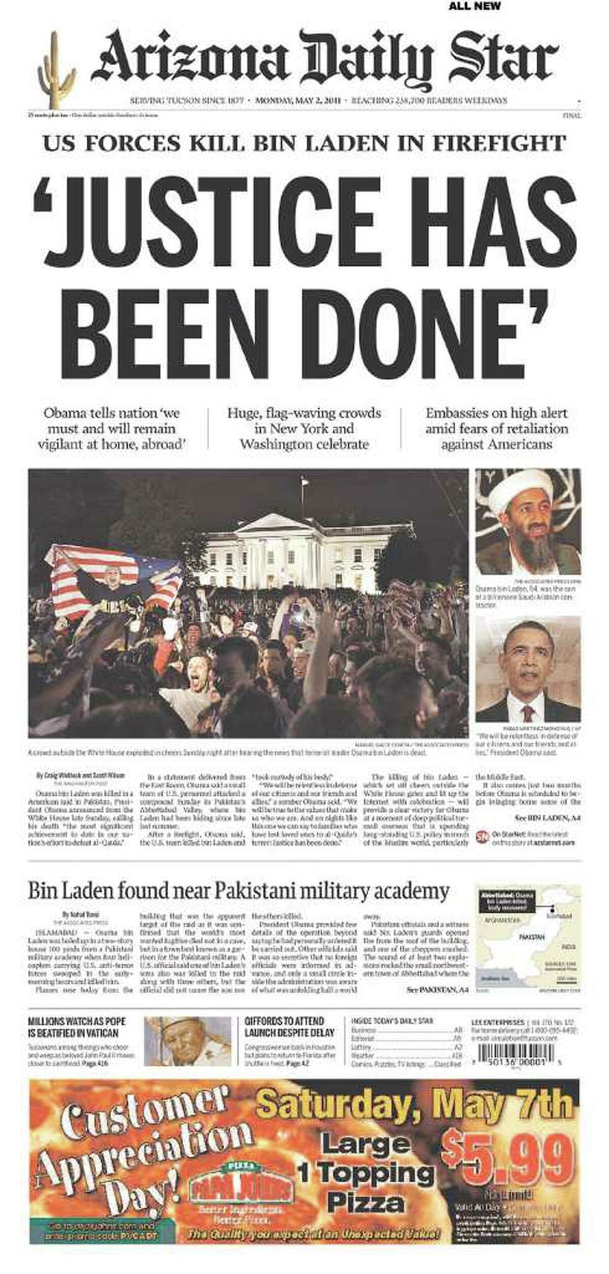 Front pages of U.S. newspapers on May 2, 2011, following the death of Osama Bin Laden.