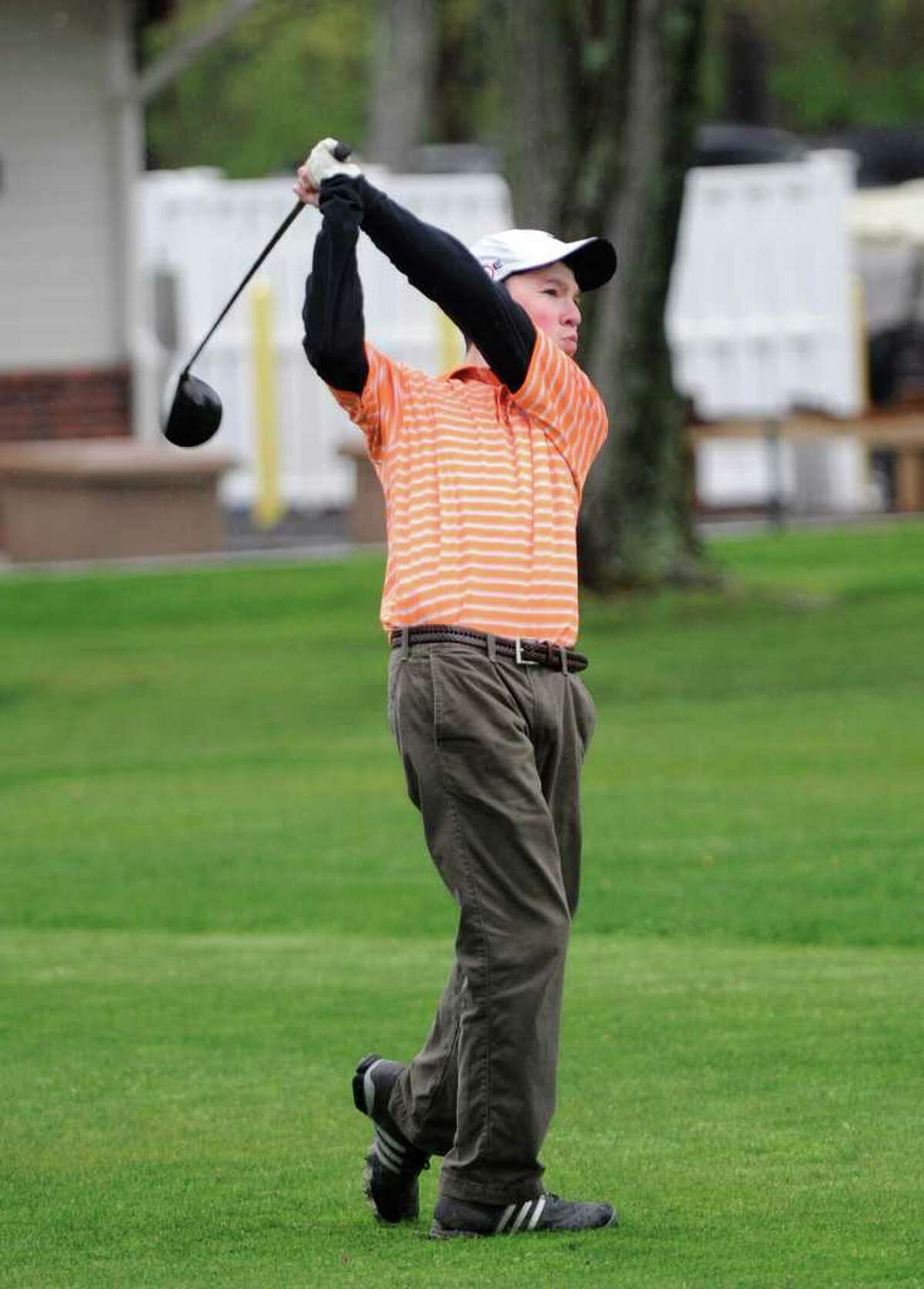Mike Tessler of Ridgefield High School in action during boys high school golf match between Greenwich High School and Ridgefield High School at the Griffith E. Harris Golf Course, Greenwich, Wednesday afternoon, May 4, 2011.