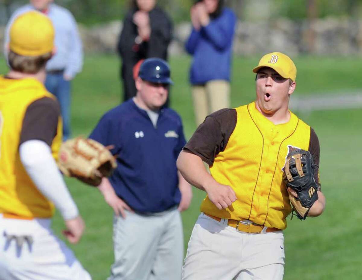 Will Preziosi of Brunswick School reacts after his team defeated King 2-0 High School boys baseball game between Brunswick School and King at Brunswick School, Greenwich, Friday afternoon. Preziosi who pitched seven innings, got the win.
