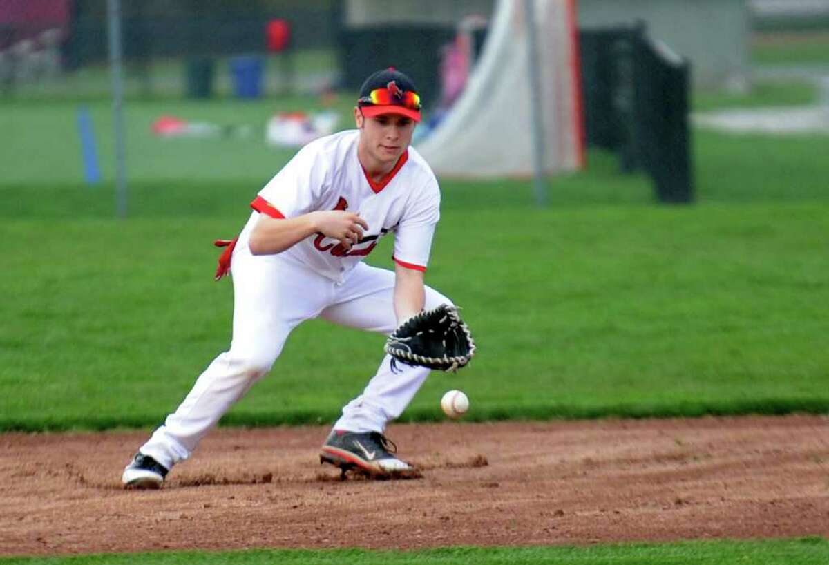 Greenwich's Louis Pulitano fields the ball during Wednesday's game at Greenwich High School on April 20, 2011.
