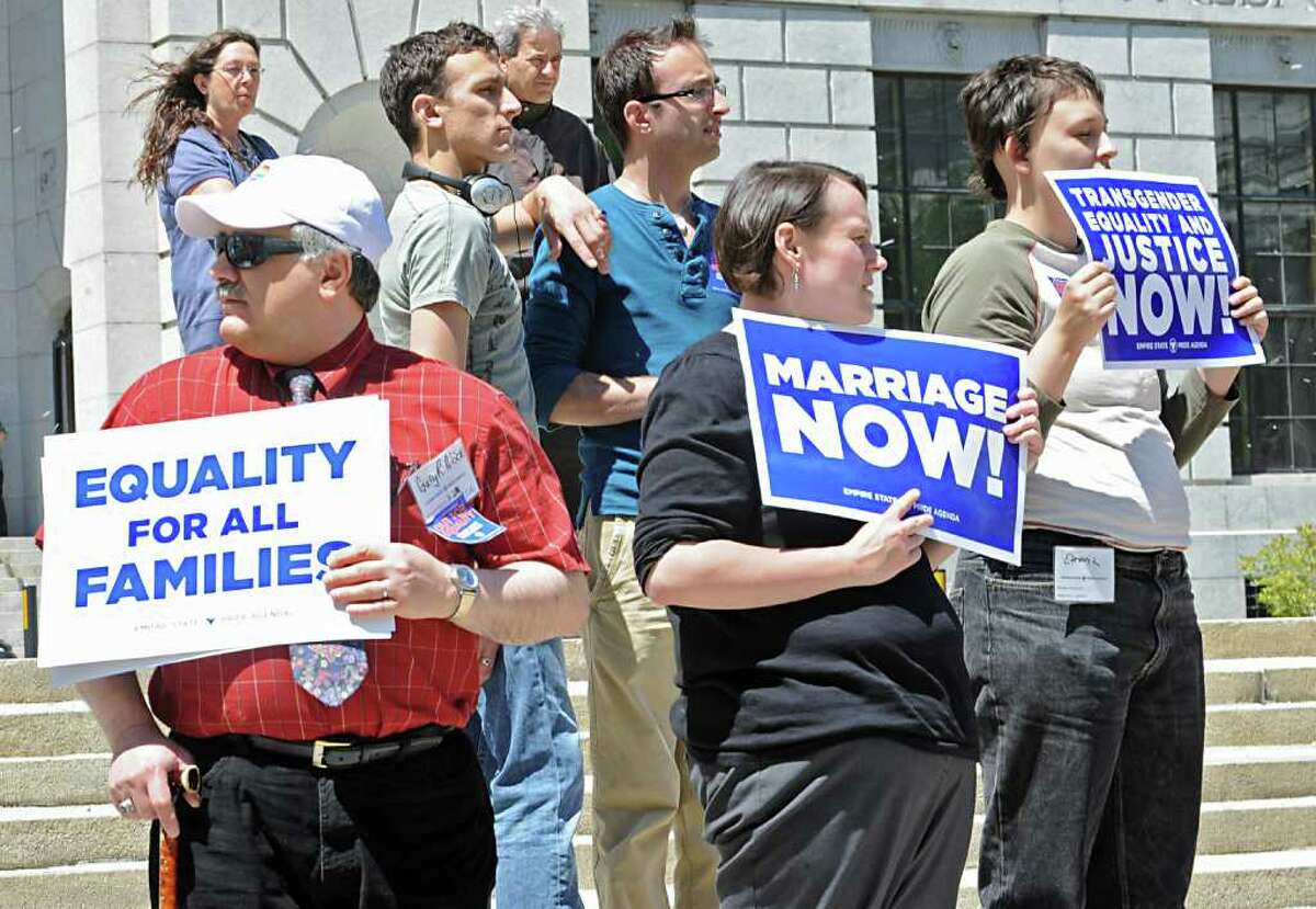 People advocating for same-sex couples to marry participate in a statewide rally at the Capitol in Albany, N.Y. on Monday May 9, 2011. (Lori Van Buren / Times Union)