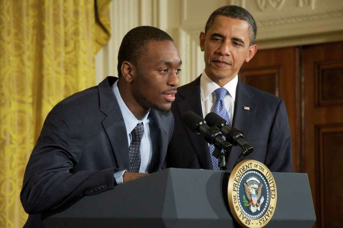 Kemba Walker, guard for the UConn. Huskies, gives a speech during President Barack Obama's ceremony for the team's 2011 NCAA national championship in the White House on May 16, 2011.