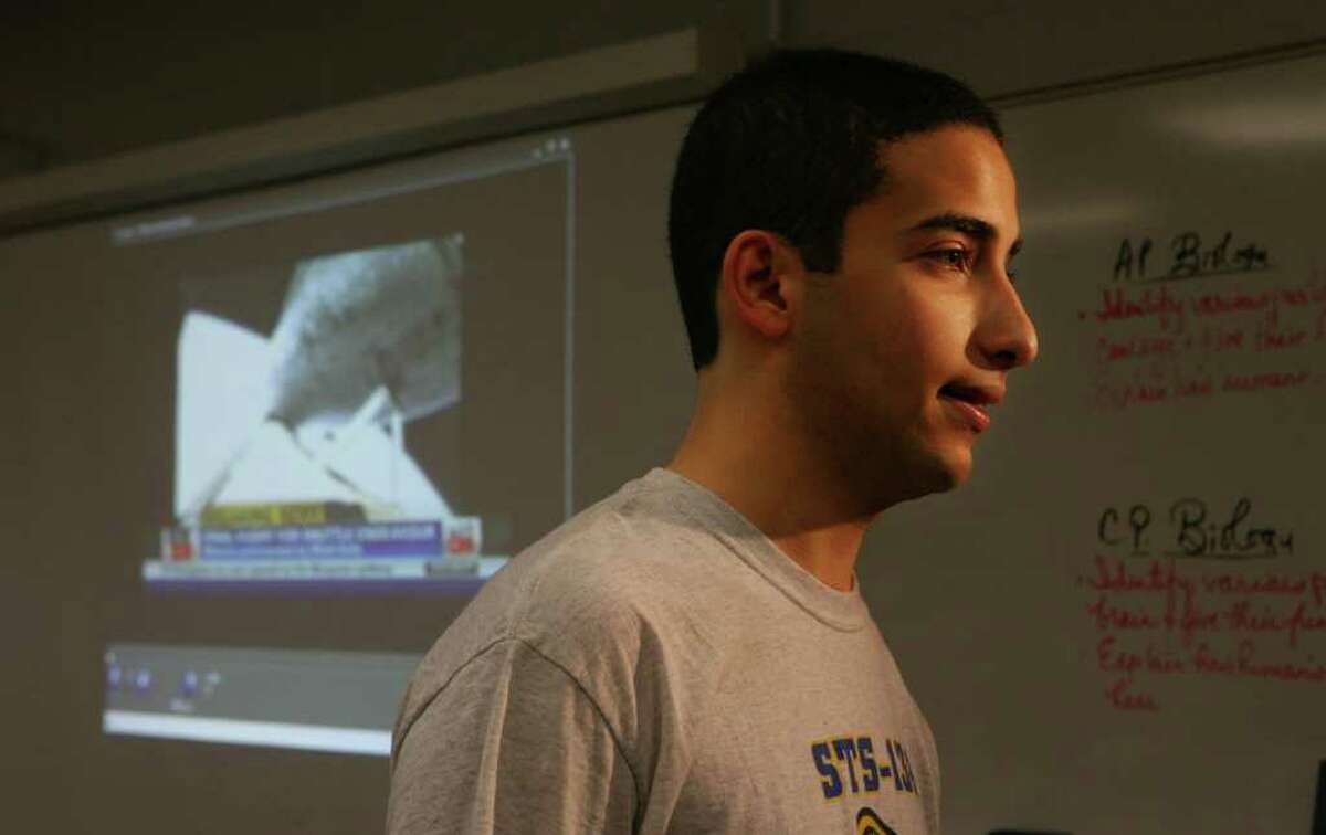 Shelton High School senior Omar Jobh talks to press after watching the launch of the Space Shuttle Endeavor on Monday, May 16, 2011. Jobh was one of five Shelton seniors who have a science experiment in the payload of the shuttle.