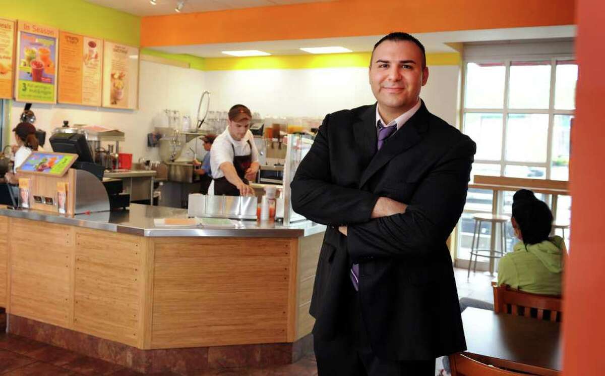 David Katz, franchise owner, stands in the newly opened Jamba Juice in Orange, Conn., the only location in the state.