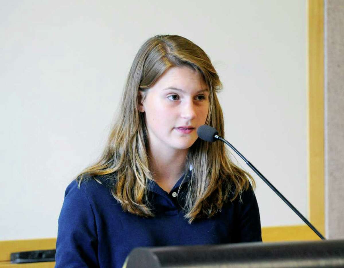 Jane Gerstner, a freshman at Convent of the Sacred Heart, reads her poem that took second place in the second annual Defining Diversity Writing Contest, sponsored by Greenwich Time and the Town of Greenwich. The awards ceremony was held at Greenwich Library, Tuesday afternoon, May 17, 2011.