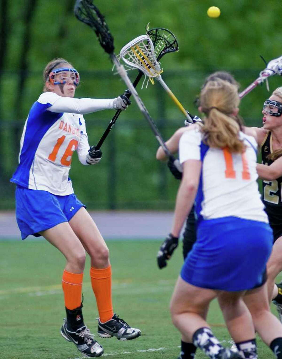 Danbury's Andrea Tarsi shoots the ball during a game against Trumbull High School, at Danbury. Tuesday, May 17, 2011