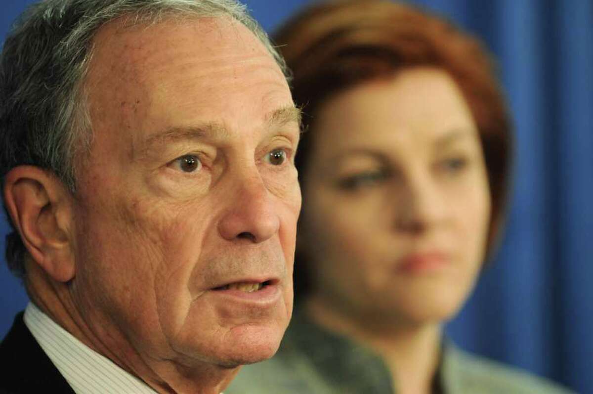 New York City Mayor Michael Bloomberg speaks about his support for same-sex marriage during a press conference in the Legislative Office Building in Albany, N.Y. Tuesday May 17, 2011. New York City Council Speaker Christine Quinn, right, also spoke in support. (Lori Van Buren / Times Union)