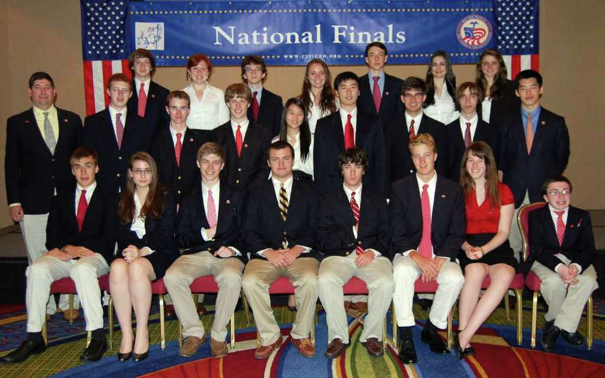 Greenwich High School students recently competed in the national finals of "We the People: The Citizen and the Constitution" high school competition, where they placed in the top 15 and won a special all-team award for the Northeast region. In December, GHS won the state competition for "We the People" for the fourth consecutive year. Row 1 (from left): Connor Harris, Julia McDonald, Eduard Pey, J Whelan, Thomas Newberry, Carl Akerman, Christina Lamoureux and Matthew Van Rhyn. Row 2 (from left): Coach Aaron Hull, Warren Bein, Cameron Molis, Andrew Reynolds, Ellis Kim, Hosung Kwon, William Sadock, James Knight and Max Kim. Row 3 (from left): Jake Palmer, Alina Carrel, Noah Bardos, Chloe McGovern, Luke Cofer, Gwen Pfetsch and Jen Hilibrand. Not pictured: Assistant coaches Aaron Johnson and "We The People: The Citizen and the Constitution” high school competition Lauren Siket.