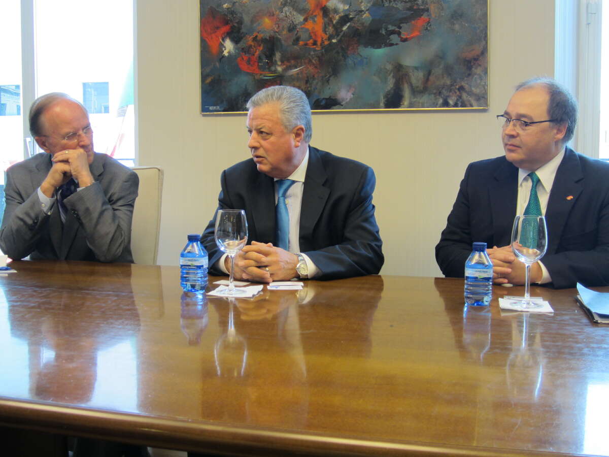 Bexar County Judge Nelson Wolff (from left) Mexico Ambassador to Spain Jorge Zermeno Infante and San Antonio Hispanic Chamber of Commerce President and CEO Ramiro Cavazos discuss trade matters Wednesday at Madrid's Mexico Embassy.