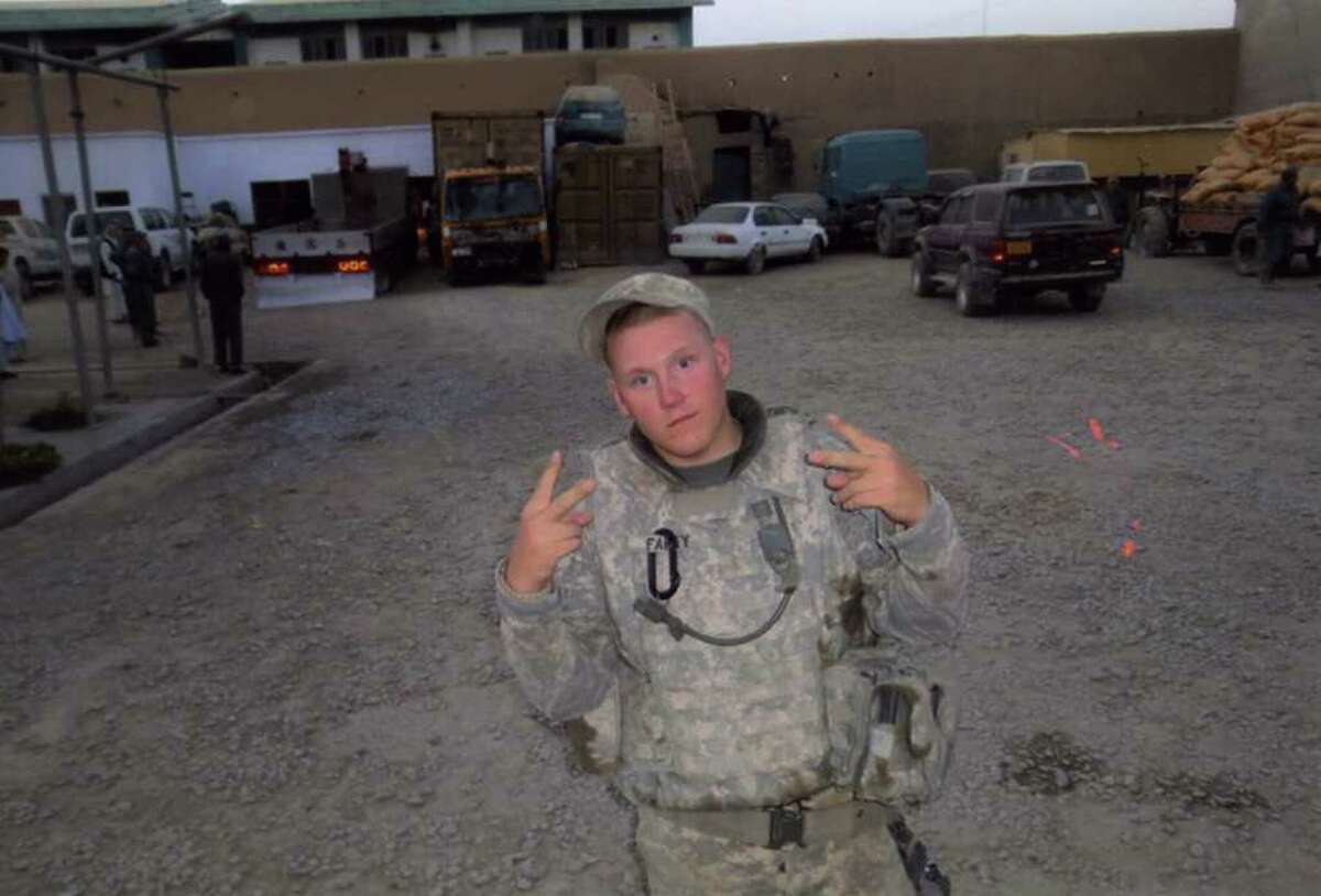 A family photo of Army Private First Class David Fahey Jr., in Afghanistan in 2010. Fahey was born in Norwalk, Conn. and was raised by his aunt and uncle, Fran and Tom Fahey of Yorktown, NY. David Fahey Jr. was killed in Afghanistan in Feb. 2011.