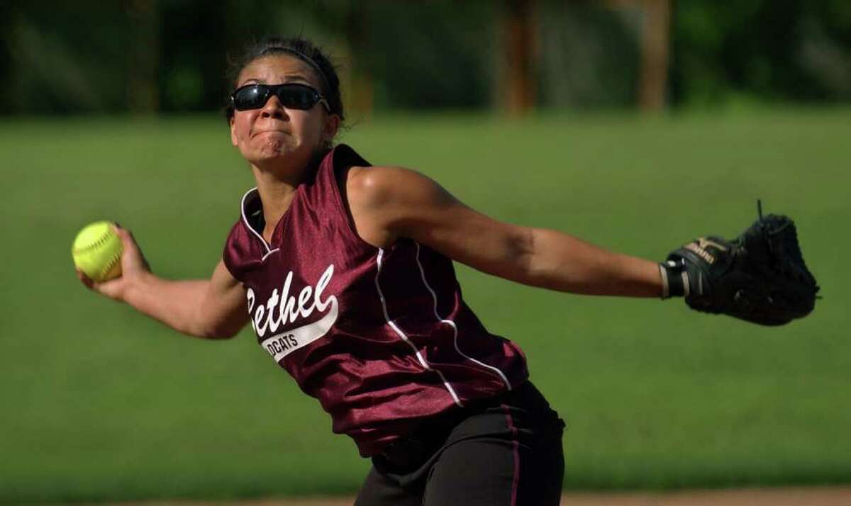 Bethel's #8 Sen Evaristo pitches against Lauralton Hall, during SWC girls softball quarterfinal action in Milford, Conn. on Wednesday May 25, 2011.