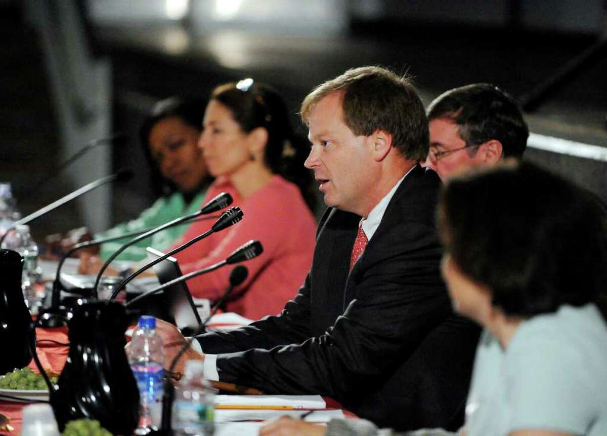 Greenwich Board of Education Chairman Steve Anderson speaks during Board of Education meeting at Greenwich High School, Thursday night May 26, 2011, the first since Greenwich Schools Superintendent Sidney Freund announced he was resigning last week.