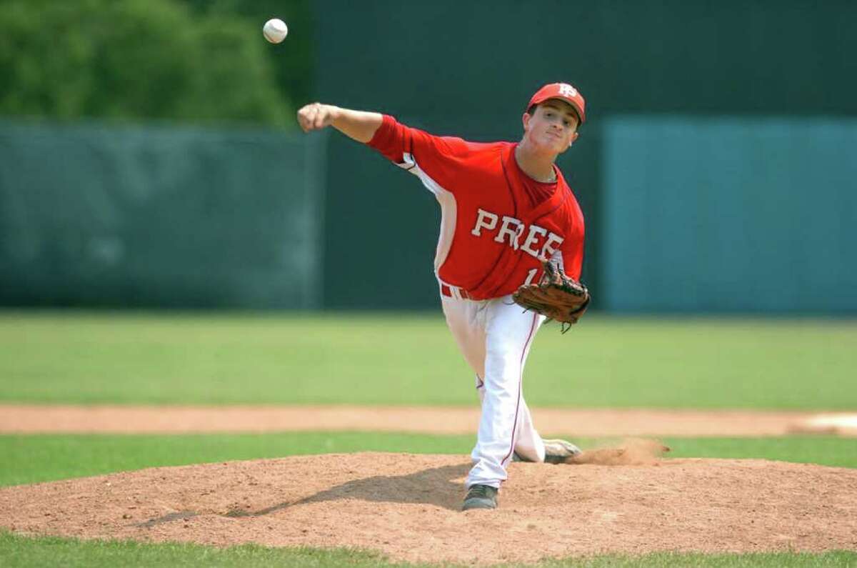 Fairfield Prep's Kyle Mollo pitches during the Southern Connecticut Conference championship game against Cheshire at Yale Field in New Haven, Conn. Saturday, May 28, 2011.