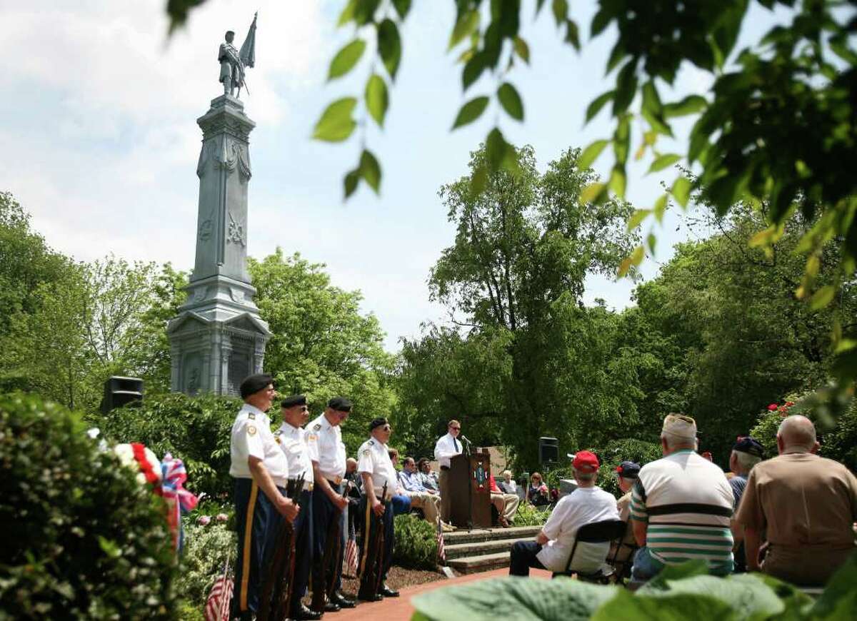 Stratford Mayor John Harkins addresses the Memorial Day service at the War Memorial at Academy Hill in Stratford on Monday, May 30, 2011.