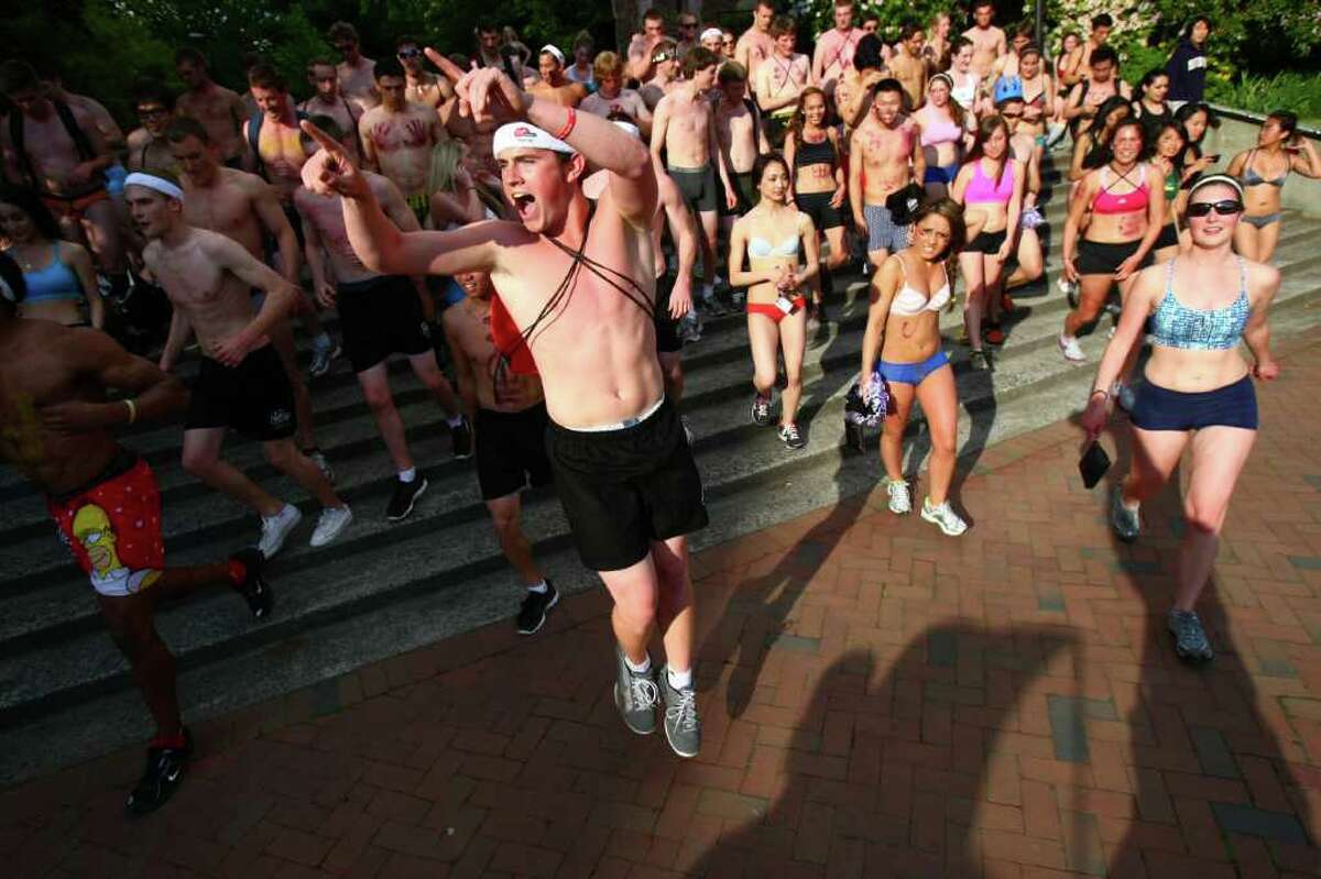Students prepare to run during the Undie Run Challenge on Tuesday, May 31, 2011 at the University of Washington. Students stripped to their skivvies and ran a course around the campus. UW students competed against other schools in U.S. during the annual event, donating an estimated 300 pounds of clothing to the Salvation Army.