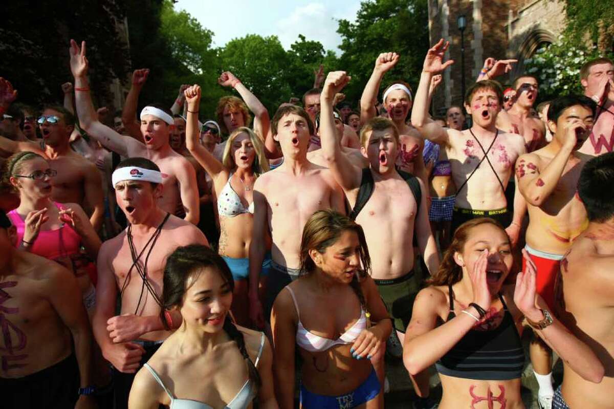 A crowd of students prepares to run during the Undie Run Challenge at the University of Washington. Students stripped to their skivvies and ran a course around the campus. UW students competed against other schools in U.S. during the annual event, donating an estimated 300 pounds of clothing.