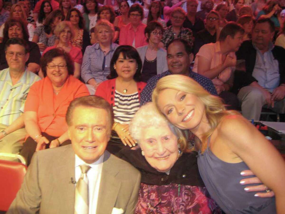 Nathaniel Witherell nursing home resident Helen Weisner poses for a photo with Regis Philbin and Kelly Ripa during a commercial break for "Live! With Regis and Kelly" on Wednesday, June 1, 2011. In April, the Greenwich police union won tickets to a taping of "Live! With Regis and Kelly," in a raffle that benefitted the nursing home, and the officers decided to invite Weisner, 96, who had picked the winning ticket.