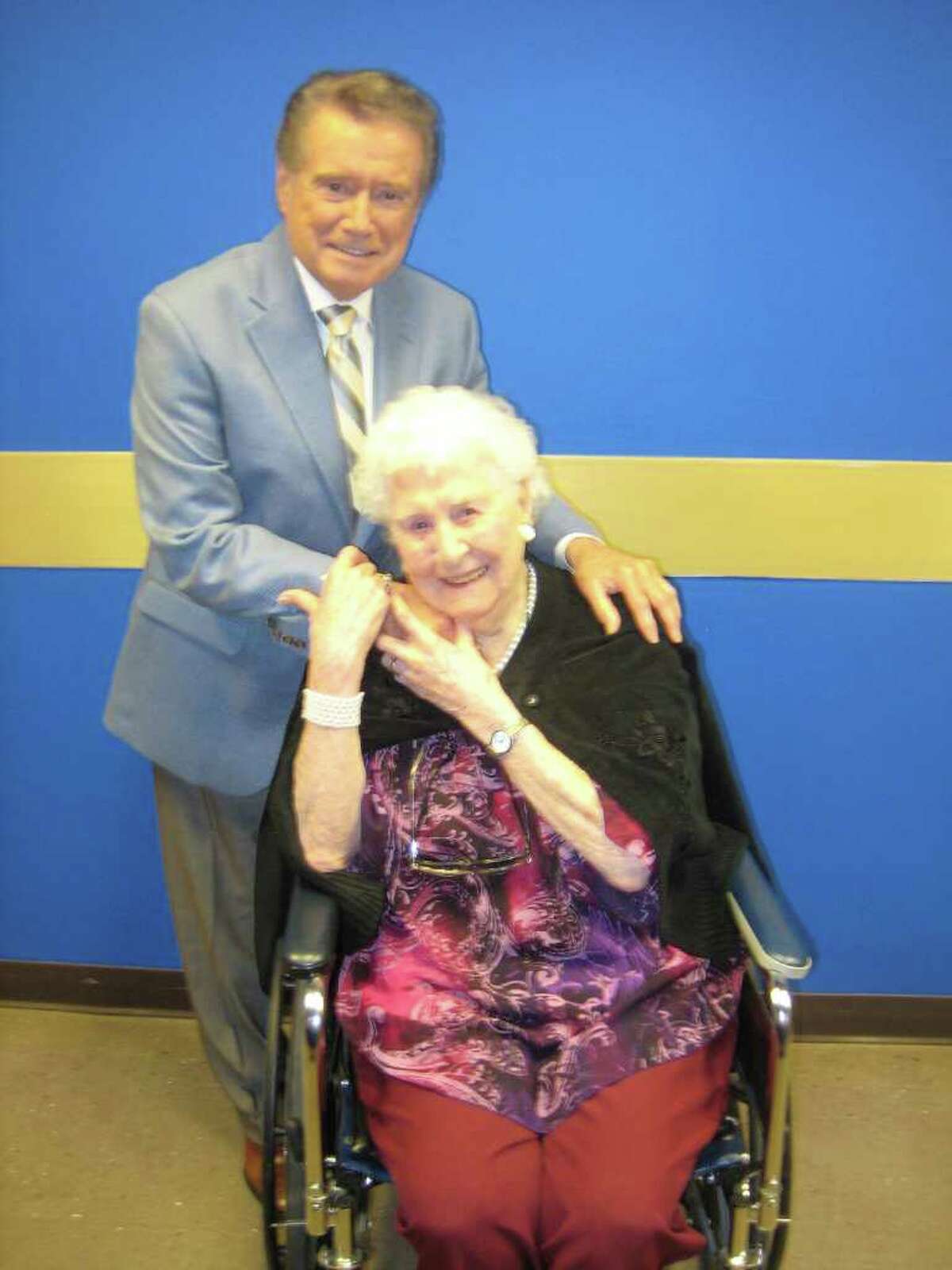 Nathaniel Witherell nursing home resident Helen Weisner meets fellow Greenwich resident Regis Philbin at the ABC studios in New York City on Wednesday, June 1, 2011. In April, the Greenwich police union won tickets to a taping of "Live! With Regis and Kelly," in a raffle that benefitted the nursing home, and the officers decided to invite Weisner, 96, who had picked the winning ticket.